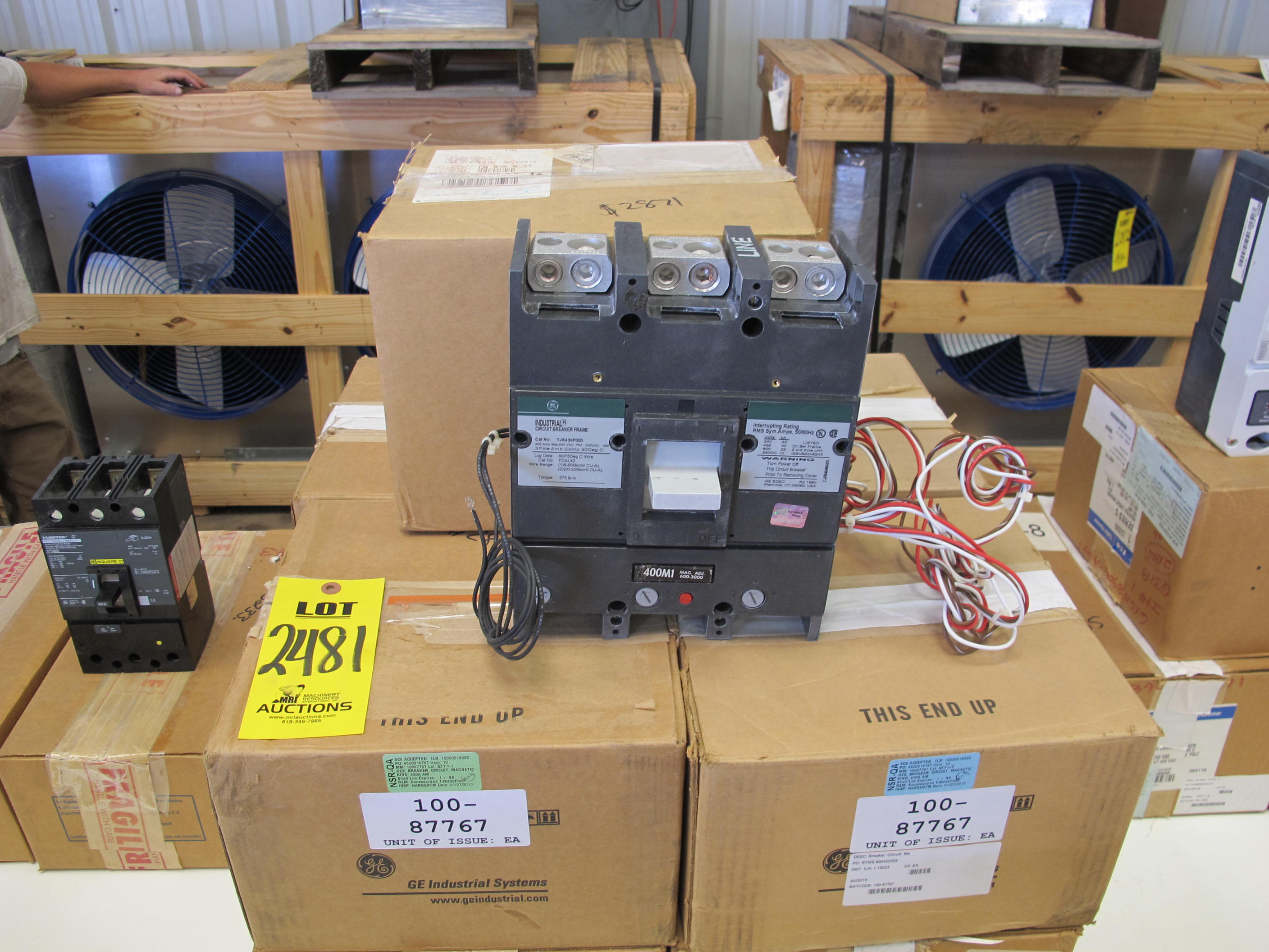 LOT (9) BREAKERS, CIRCUIT TYPE, MAGNETIC KIND, 400A AMP RATING, 600VAC/250VDC VOLT RATING, 3 POLE. "ACCESSORIZED/FACTORY ASSEMBLED" CONSISTING OF TJK436400 FRAME, TJK436TM1400 600-2000A TRIP, TJKASA2AB4R AUX SWITCH, TJKSTA12L SHUNT TRIP, TCAL43 LUGS. COMPLETE BREAKER INCLUDES: FRAME, TRIP UNIT, AUX SWITCH, SHUNT, LUGS. TRIP IN ACCORDANCE WITH PUBLISHED TRIP CURVE. PART # 4031364 (W-44) LOADING & HANDLING FEE $5-